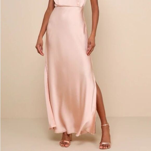 Lulus Classic Elegance Blush Satin Sleeveless Mock Neck Maxi Dress Small NEW - Picture 5 of 15